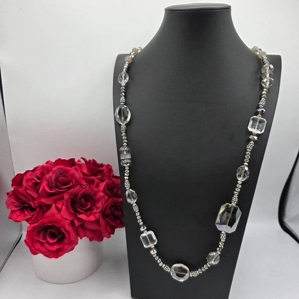 Chico's Beaded Statement Necklace Crystal Faceted‎ Gem Silver Tone Long Boho